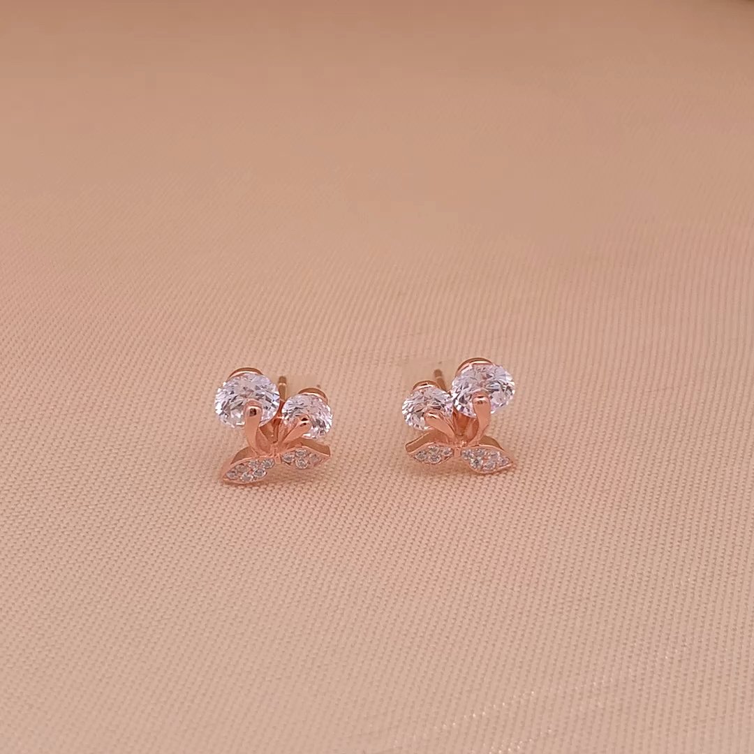 Whirling Diamond Leaf Stud Earrings (Pure Silver) - Rose Gold